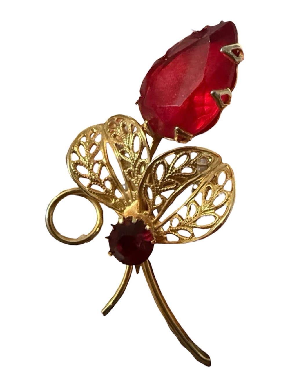 Vintage Ruby Red Rhinestone Flower Brooch Gold Tone Filigree Floral Pin Mid Cent